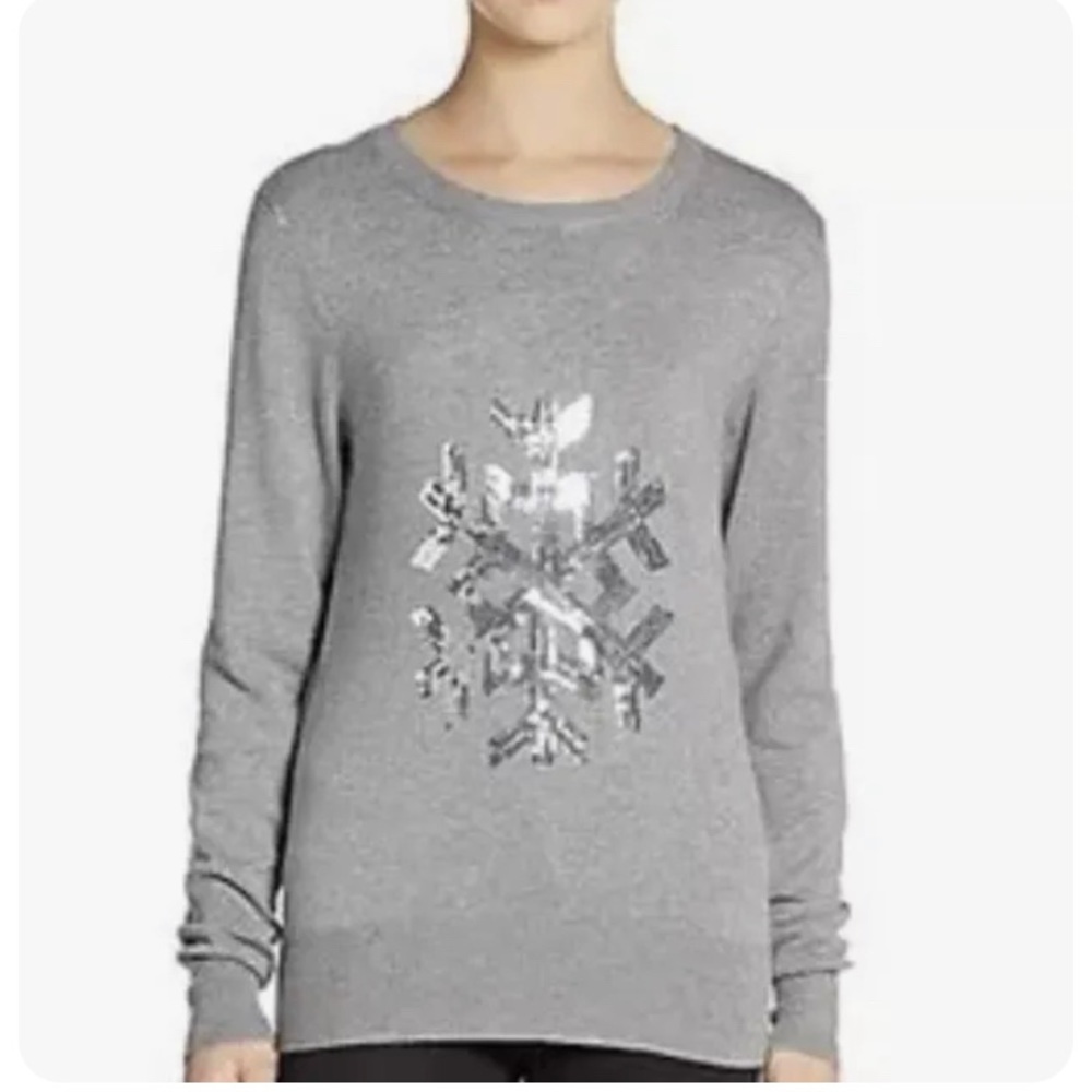 French Connection Sweater Women XS  Bambi Snowflake Gray Sequin Silver Christmas